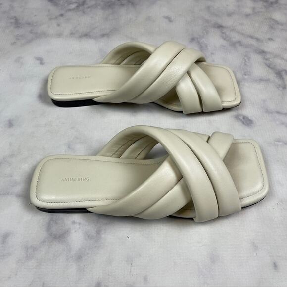Anine Bing Eve Padded Cross Strap Ivory Leather Slide Sandals - Picture 3 of 10